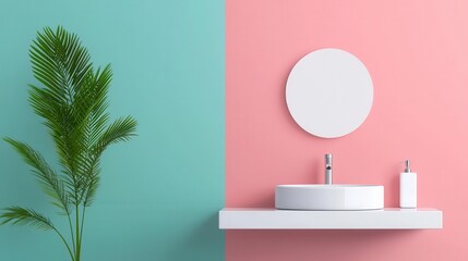 Isometric smart home bathroom, featuring automated faucets, smart mirrors, and sleek, minimalist design
