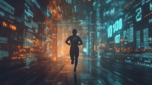 A silhouette of a runner in a futuristic digital tunnel with glowing data streams.