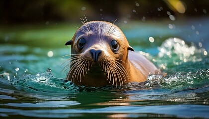 Fototapeta premium A very cute baby Sea Lion swimming in the river