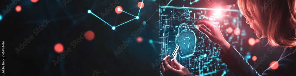 Poster a person interacts with a digital lock symbolizing cybersecurity and data protection.