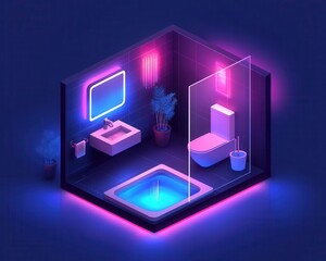Isometric bathroom interior in a smart home, with smart shower system, automated lighting, and sleek, hightech design