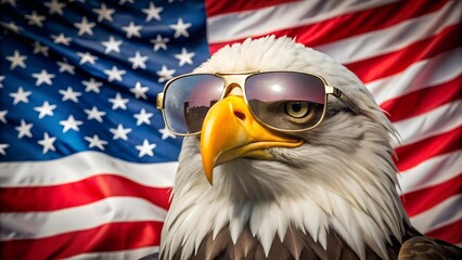 An eagle wearing sunglasses and an American flag, a humorous representation of patriotism and national pride.