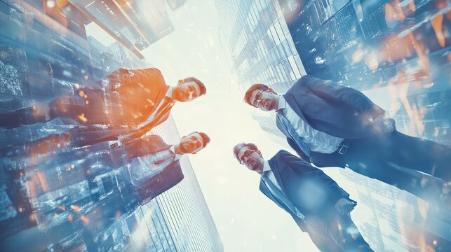Challenge of business concept. Cooperation of business. Double exposure of group of multinational businesspeople. Wide angle visual for banners or advertisements. - Powered by Adobe