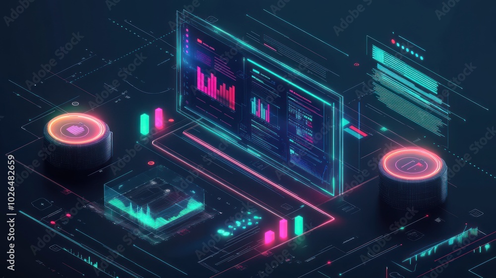 Aufkleber futuristic digital workspace with data visualization and interactive elements.