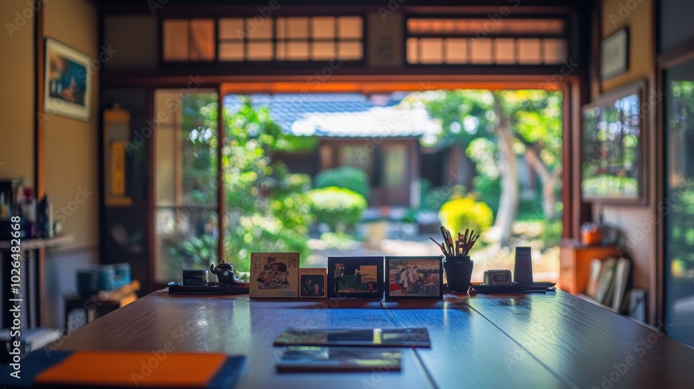 Wall mural A serene interior view of a traditional room with a garden, showcasing personal photographs.