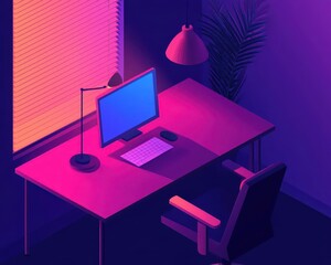 Isometric smart office with sleek modern furniture, voiceactivated lighting, and automated window shades for a hightech workspace