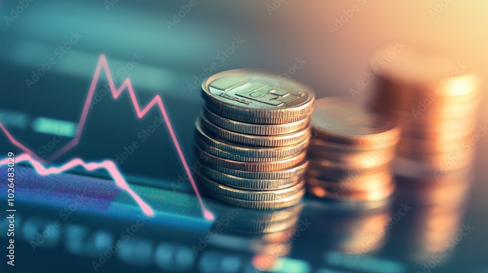Poster close-up shot of a stack of coins with a graph chart overlay to represent financial growth and inves