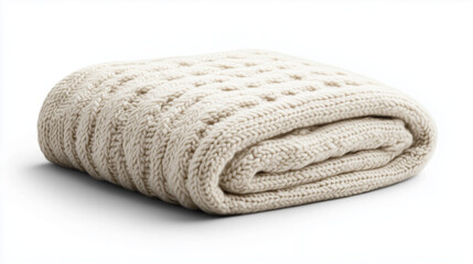 Folded cream knitted sweater on white background