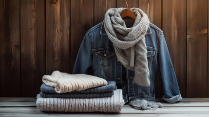 Denim jacket with scarf and folded sweaters on wooden background