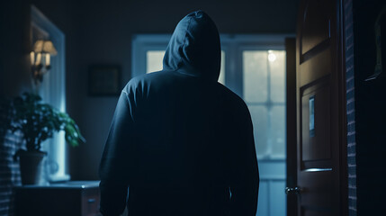 a hooded figure breaking into a house at dusk, concept of burglary and home security