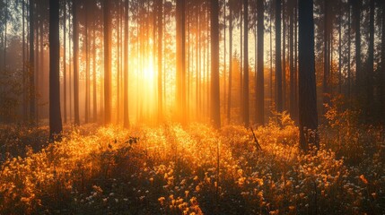 A serene forest scene illuminated by warm sunlight, creating a tranquil and magical atmosphere.