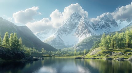 A serene mountain lake reflects the majestic snow-capped peaks and fluffy clouds under a bright blue sky.