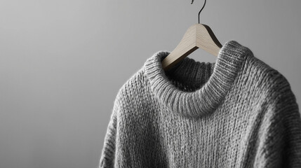 Gray knitted sweater on hanger against minimalist background