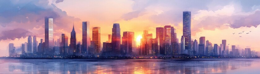 Fototapeta premium City skyline during sunset panoramic scene flat design front view glowing cityscape watercolor Complementary Color Scheme
