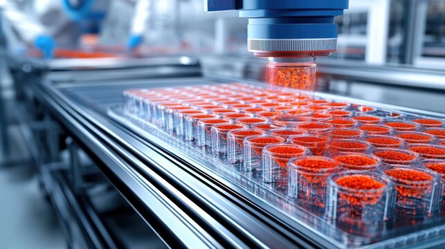 Invitro drug testing setup, showing cultured human cells in multiwell plates being analyzed by automated microscopes while scientists review holographic cellular activity
