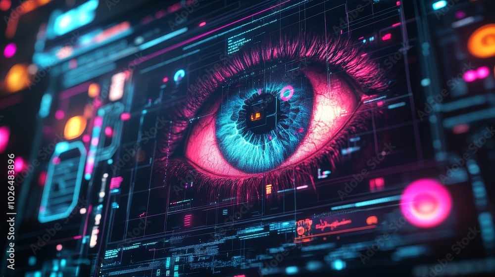 Poster futuristic eye scanning interface in a vibrant holographic data display within cyberspace