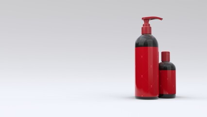 Elegant cosmetic bottles with label closeup on white background. Modern cover design. 3d illustration.