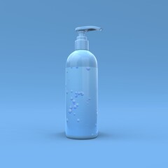 Elegant cosmetic bottle with label closeup on blue background. Modern cover design. 3d illustration.