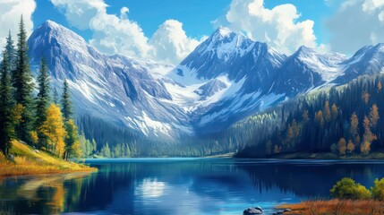 Obraz premium A serene mountain lake with snow-capped peaks reflecting in the crystal clear water. The lake is surrounded by lush greenery and towering trees, creating a picturesque scene.