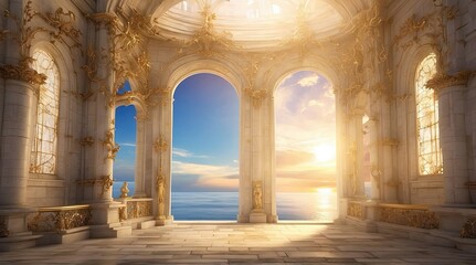 A majestic golden doorway stands open against a backdrop of billowing clouds