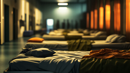 Empty beds in charity shelter at sunset