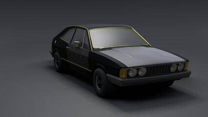Cool looking old fashion car, front view studio render on black background. Bright modern car design. 3d illustration.