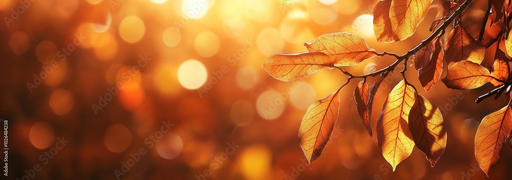 Poster a close-up view of autumn leaves illuminated by warm sunlight, creating a bokeh effect.