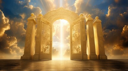 Naklejka premium A majestic golden doorway stands open against a backdrop of billowing clouds