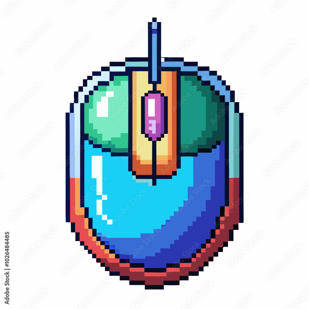 Poster pixel art computer mouse icon with vibrant colors and retro design