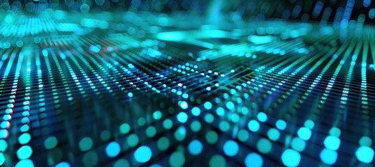 Futuristic 3D Digital Grid in Vibrant Blues and Greens for Tech Advertisements