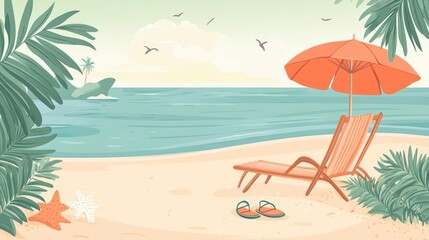 A serene beach scene featuring a lounge chair, umbrella, and flip-flops by the ocean.