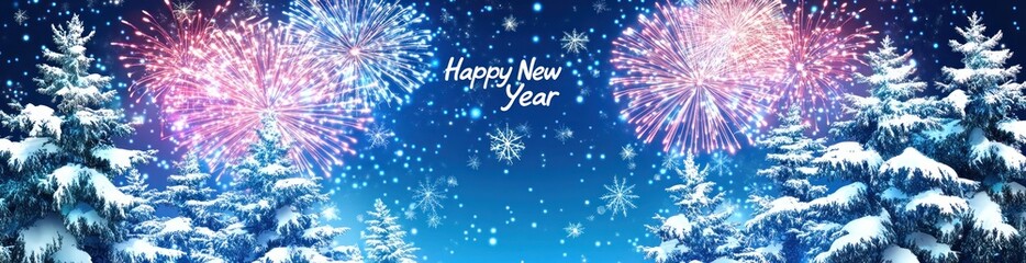 A festive winter scene with snow-covered trees and fireworks celebrating the New Year.