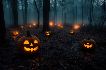 Spooky Halloween Forest with Glowing Jack-O'-Lanterns at Dusk