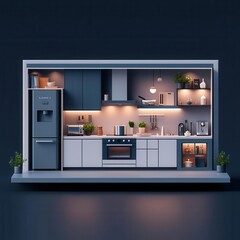 Isometric kitchen design in a smart home, with smart appliances and integrated lighting, creating a techforward space