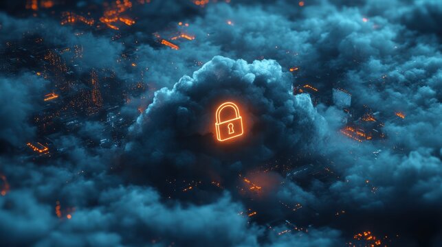 Data cloud with padlock icon floating in the center of it.