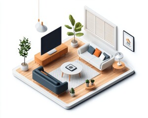 Smart home isometric layout with a focus on the living room, showcasing automated blinds, smart thermostat, and minimal furniture
