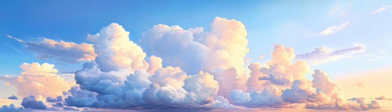 Sky and cloud formations panoramic scene flat design front view dramatic clouds watercolor colored pastel