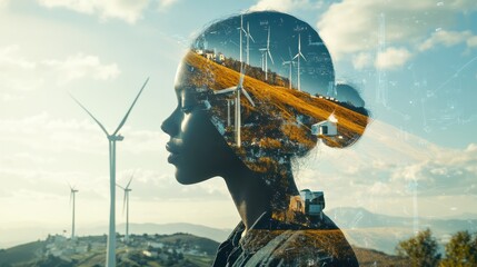 Double exposure graphic of business people working over wind turbine farm and green renewable energy worker interface. Concept of sustainability development by alternative energy. uds