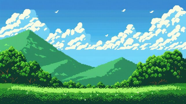 8-Bit Pixelated Landscape: Green Hills and Blue Sky for Gaming Posters and Ads