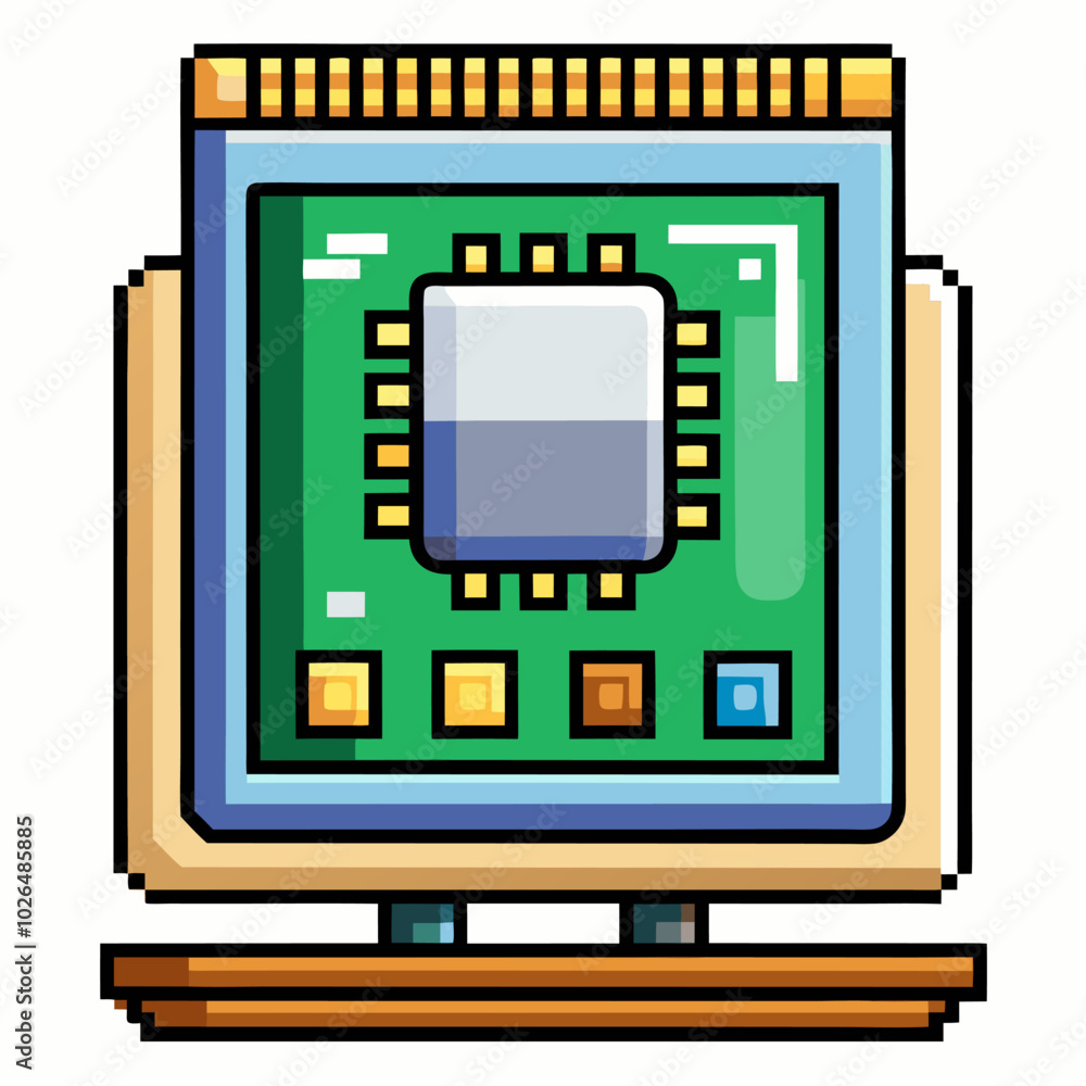 Poster colorful cartoon illustration of computer processor chip with circuit board design