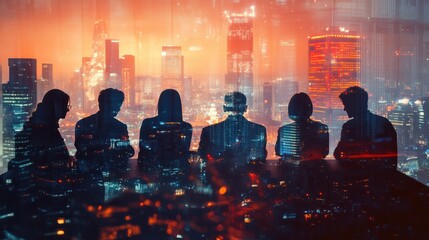 Fototapeta premium Double exposure image of many business people conference group meeting on city office building in background showing partnership success of business deal. Concept of teamwork