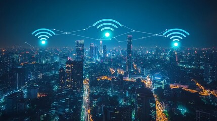 Nighttime cityscape featuring wireless network connectivity and modern technology concepts