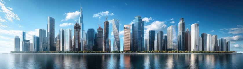 Obraz premium Wideangle architecture panoramic scene flat design side view cityscape structure 3D render Splitcomplementary color scheme