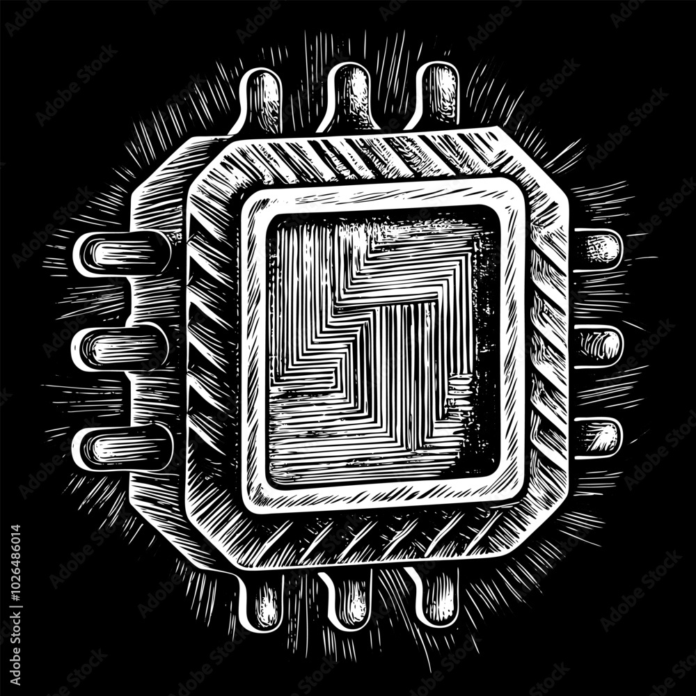 Poster intricate microchip design with engraved texture on black background