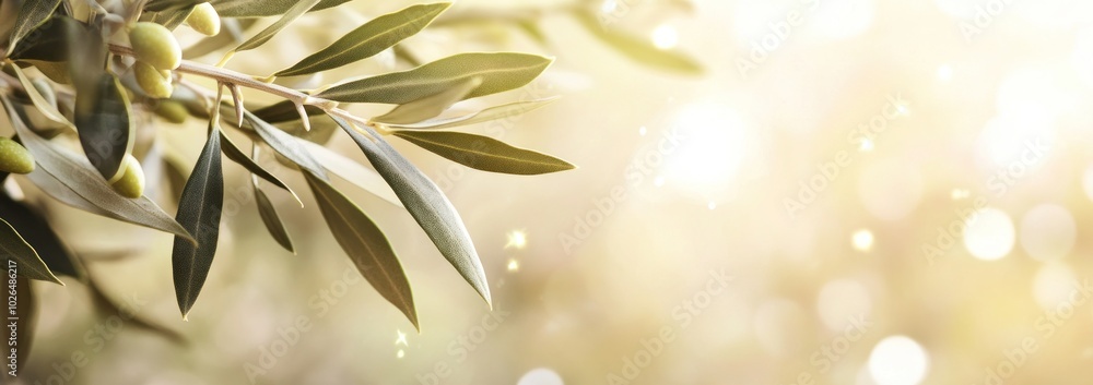 Poster olive branches with soft lighting and bokeh effects create a serene atmosphere.