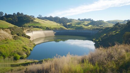 Fototapeta premium Serene Landscape with Calm Reservoir and Green Hills