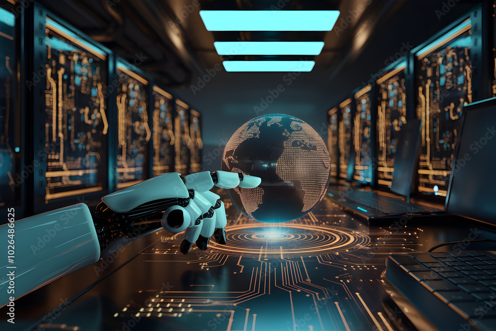 Poster global network control: a robotic hand interacts with a holographic earth on a futuristic control pa