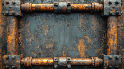 Rusted Metal Frame with Industrial Pipes and Bolts