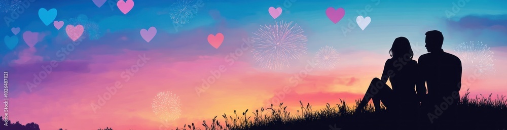 Wall mural A romantic silhouette of a couple against a colorful sunset with hearts and fireworks.