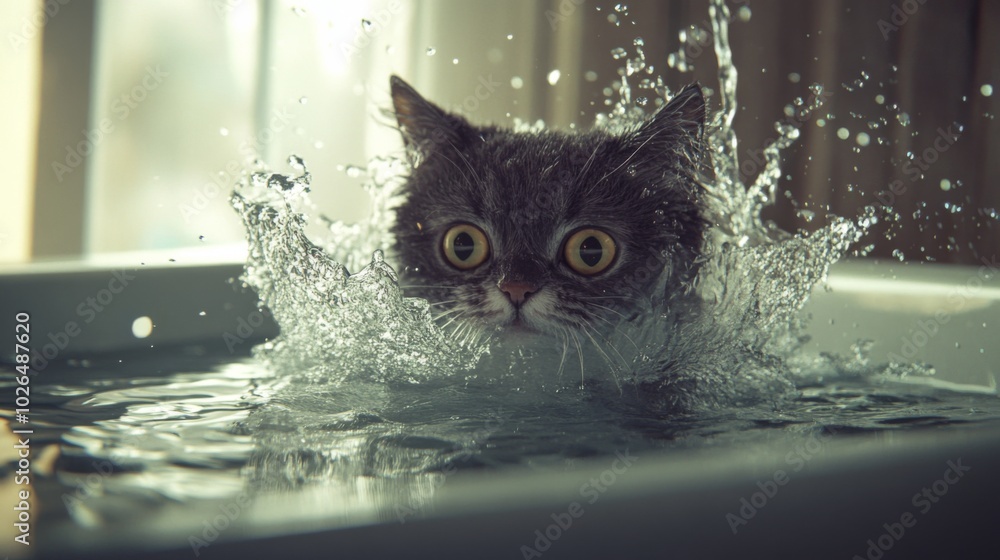 Poster Cat Splashing in Water with Surprised Expression